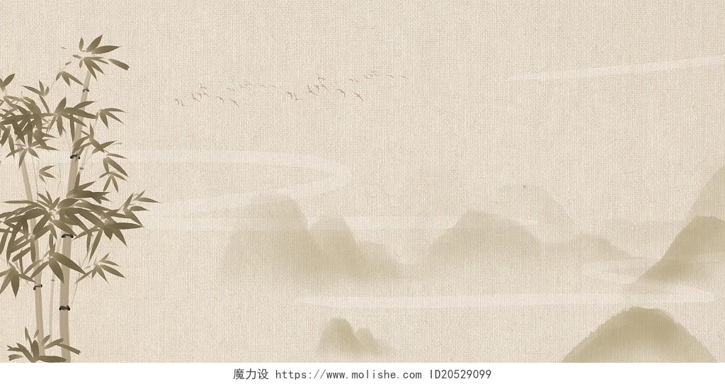 黄色中国风竹子山水工笔画展板背景中国风古风水墨工笔画